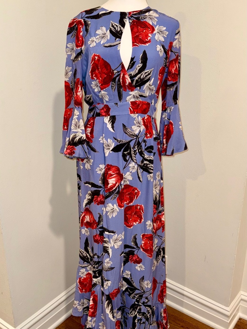 NWT ERDEM Runway Blue Floral Print Ellington Venice Peony Gown Dress Red US 6